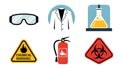 Lab safety equipment and hazard symbols, including goggles, coat, fire extinguisher and biohazard