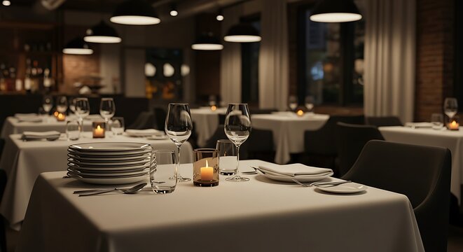 Elegant restaurant tables are set for a romantic dining experience
