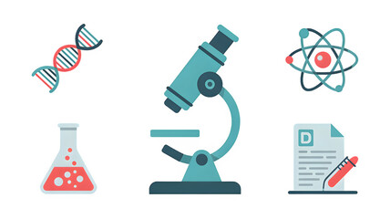 Science and research lab equipment includes DNA, microscope, atom, flask, and report flat icons