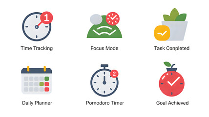 Time management tools and productivity icons showcasing time tracking and goal achievement