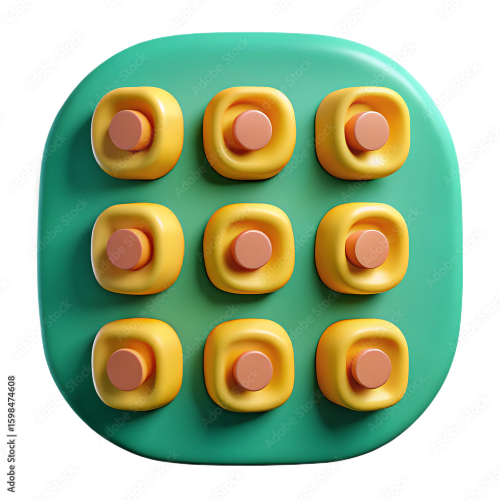 Poster 3d icon of a grid of nine yellow app icons with orange centers on a teal rounded square background, 
