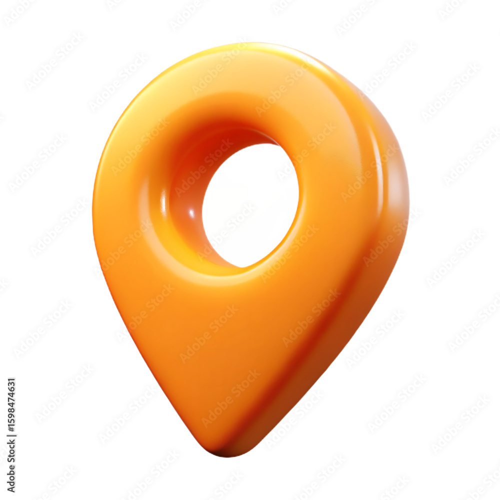Poster 3d icon of a glossy orange map pin icon with a hole in the center, isolated on a transparent backgro