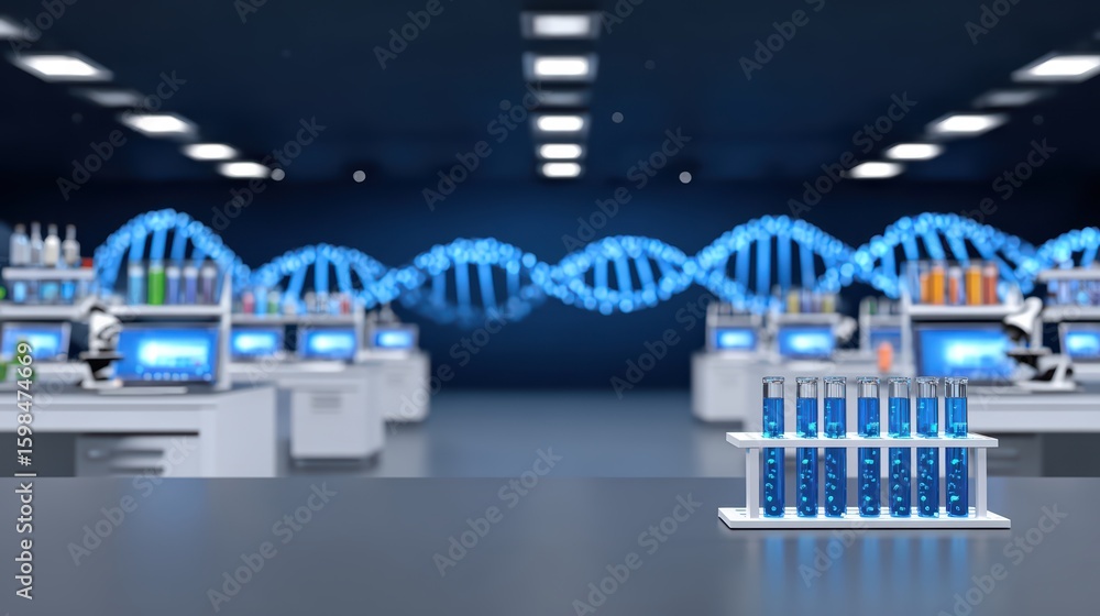 Aufkleber laboratory setting with test tubes and dna helix background