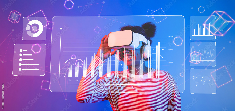 Poster a young woman joyfully engages with a virtual reality headset, exploring data analytics and financia