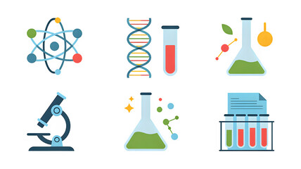 Science lab equipment including beakers, microscope, atom and DNA structure