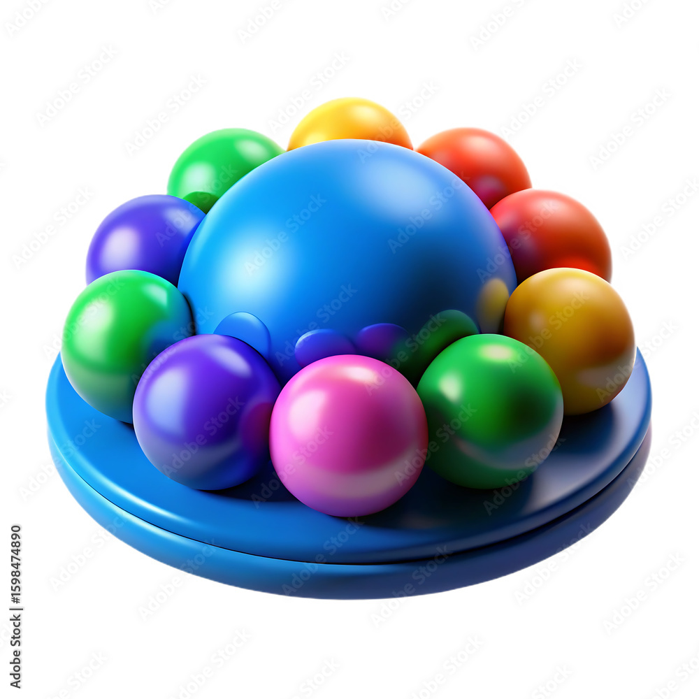 Poster 3d icon of a blue circular base with a large blue dome and a colorful collection of nine round balls