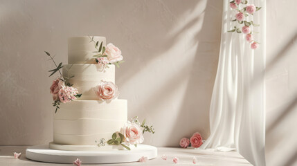 Elegant three tier wedding cake adorned with soft pink roses
