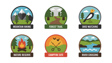 Set of round badge icons depicting outdoor activities like hiking, birding, and camping