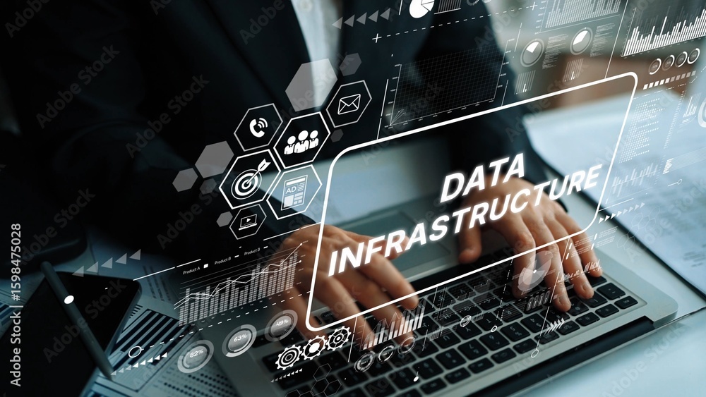 Poster modern data infrastructure concept with digital visualization and hands typing on laptop keyboard. a