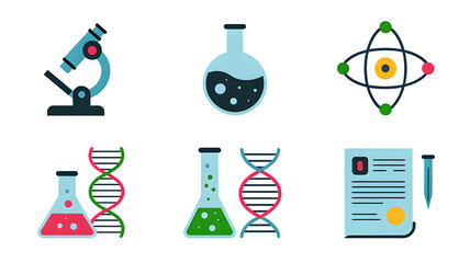 Science and research icon set featuring microscope, beakers, atoms and DNA strands