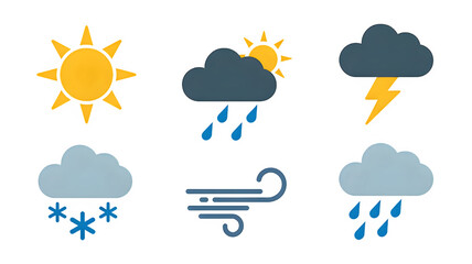 Weather condition illustrations with sun, cloud, rain, wind, snow and lightning
