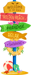 Summer beach wooden signboard with direction arrows for vacation travel vector signage. Summer beach welcome sign board signage to paradise beach and relax with Hawaiian tropical flowers for resort