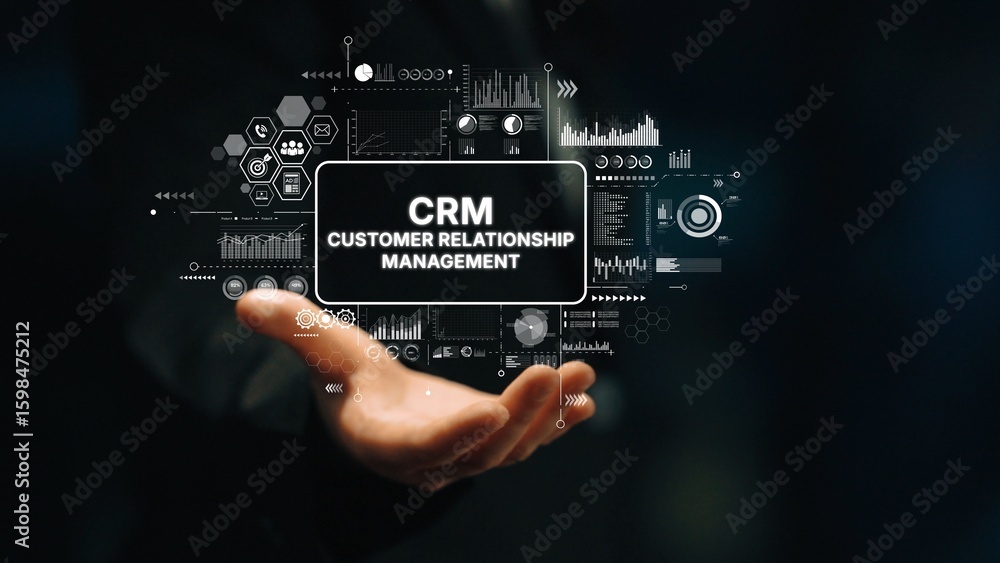 Poster hand holding screen with crm customer relationship management graphics and data analytics visuals fo