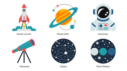 Space exploration icons with rocket launch, planet orbit, astronaut, telescope, galaxy, moon phases