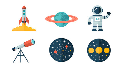 Collection of space exploration elements including astronaut, planet, rocket and telescope