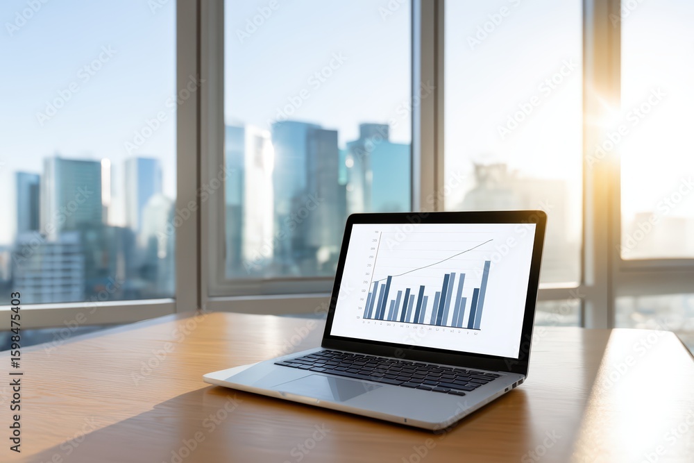 Poster modern workspace with laptop displaying business graphs