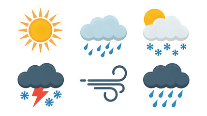 Weather icons showing sun, rain, snow, wind, thunder, and partly cloudy conditions forecast
