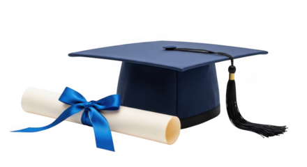 Graduation cap and diploma with blue ribbon isolated on transparent background