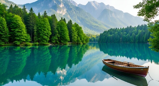 Serene mountain lake reflects lush trees and a small wooden rowboat, creating a tranquil scene. - Powered by Adobe