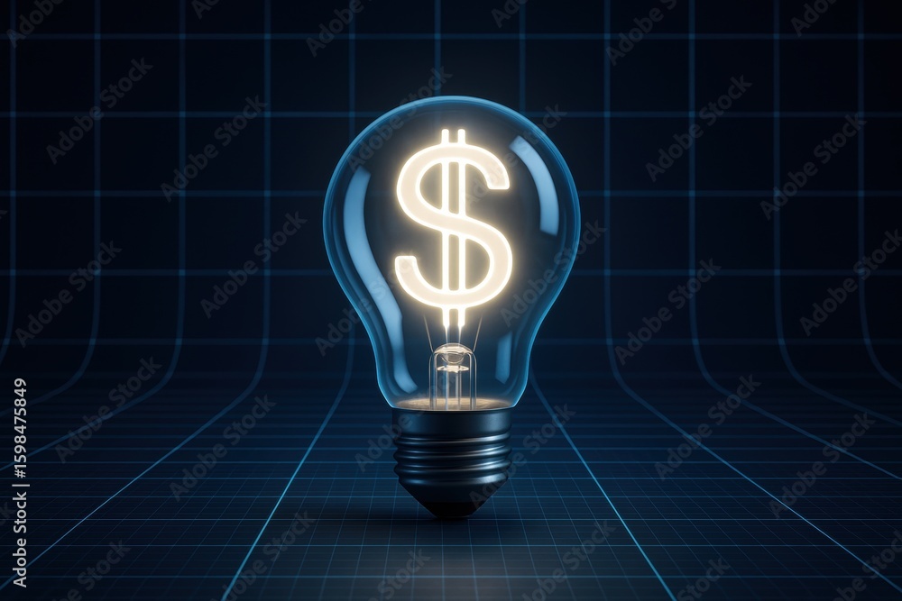 Poster illuminating economic ideas: a glowing lightbulb in a futuristic setting displays the symbol of curr