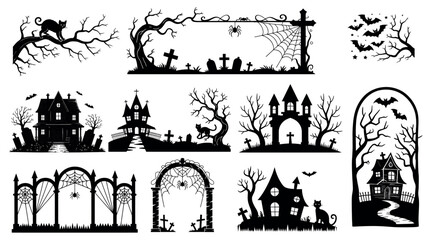 Fototapeta premium Halloween haunted house and graveyard silhouettes with bats trees and spooky decoration 