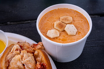 Lobster Bisque with Oyster Crackers in Paper Cup