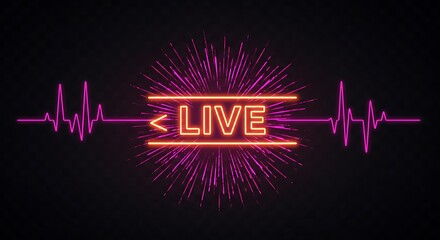 Glowing LIVE badge with radiant pulse waves on a transparent background for streaming platforms