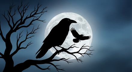 Gothic concept of two silhouetted ravens on a spooky night with a full moon. One bird is perched on a bare tree branch while another flies.