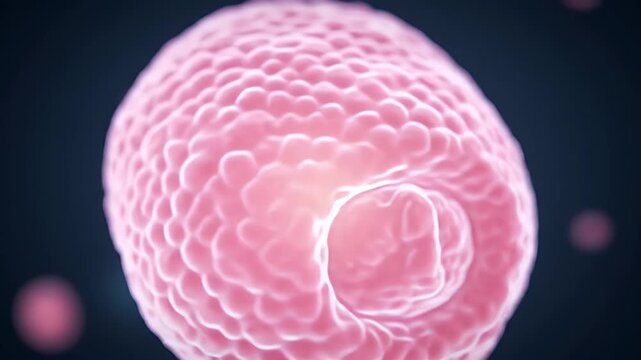 Scientific 3D rendering of an early-stage embryo, a morula or blastocyst, illustrating the complex process of cellular division and development in embryology.