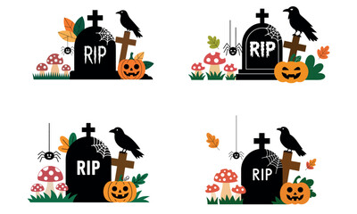 Halloween graveyard pumpkin scene with crow spider and autumn leaves for spooky design
