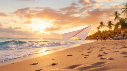 Obraz premium Avión de papel, sobrevolando una playa en el atardecer.