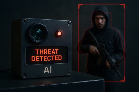 AI security camera detects armed intruder threat automatically.