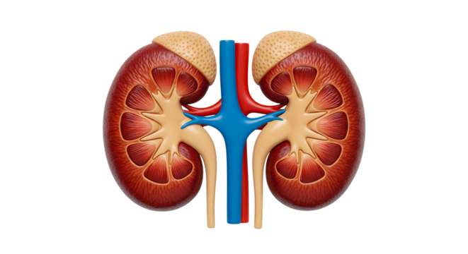Kidney anatomy human organ renal system diagram medical illustration health science biology 3d model view isolated on transparent background