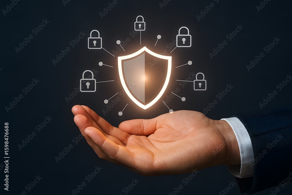Poster open hand presents digital shield network for comprehensive cyber security