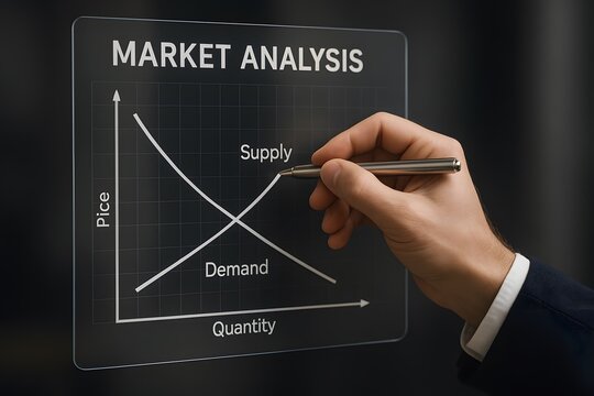 Analyst sketches supply and demand curves during market analysis session