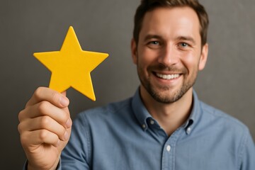 Smiling man holding yellow star symbolizing top customer rating