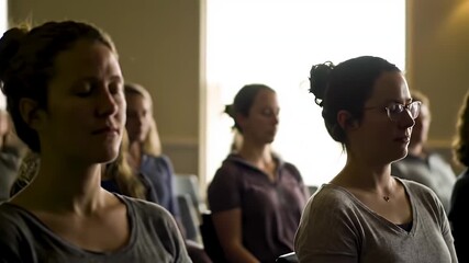 A diverse group of people participating in a guided meditation session, sitting with eyes closed to practice mindfulness and achieve inner peace and focus during a wellness workshop or retreat.