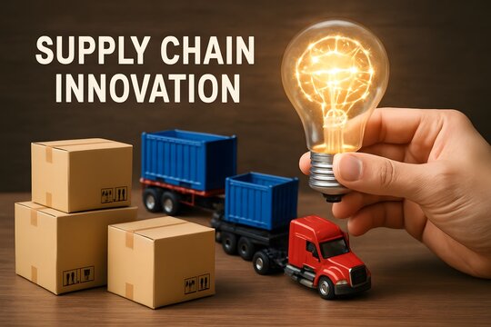 Hand holding glowing bulb above freight scene highlights supply chain innovation

 - Powered by Adobe