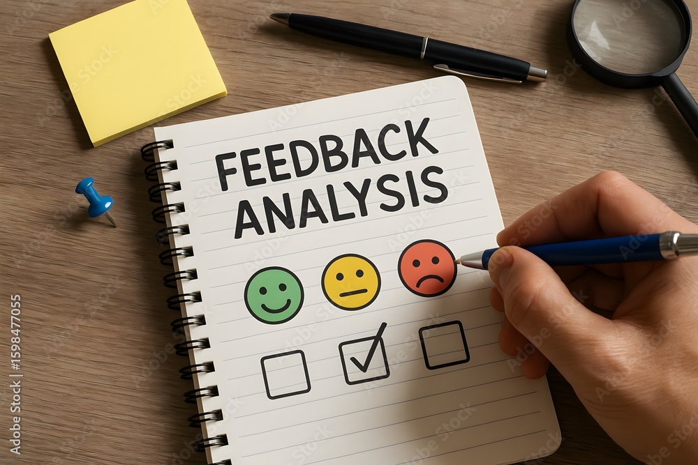 Poster hand rating customer satisfaction on feedback analysis notebook