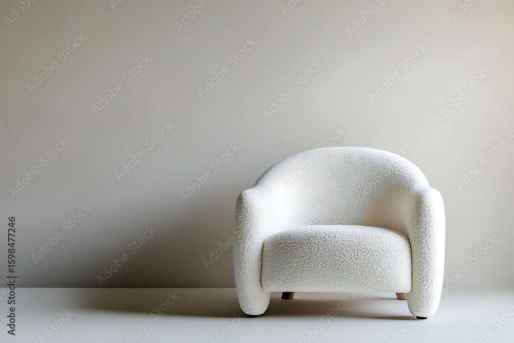 Poster arched-back boucle accent chair in soft cream color, isolated in a minimal studio setting with pale 