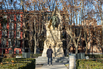 Madrid, Spain. Monument to soldier Luis Noval, by Mariano Benlliure (1912), in El Retiro Park....