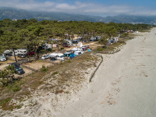 Aerial view of detail of campsite on Corsican coast near Bastia Etang de Biguglia Camping San...