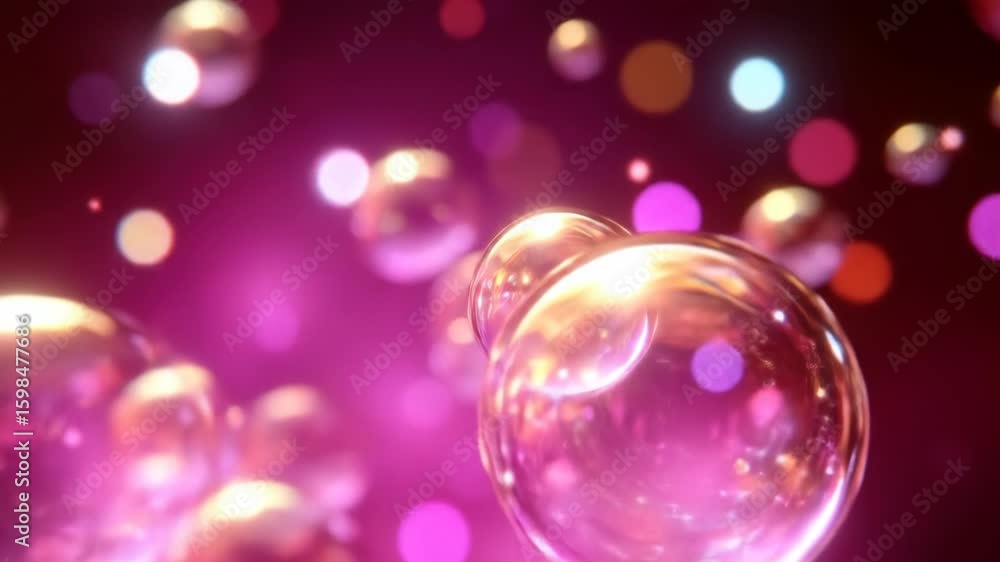 Poster floating soap bubbles with sparkling particles on a purple background, abstract motion