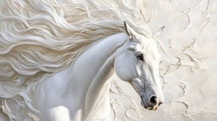 Majestic white horse with flowing mane, artistic textured background.