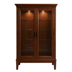 Elegant wooden display cabinet with glass doors and internal lighting, perfect for showcasing treasures.