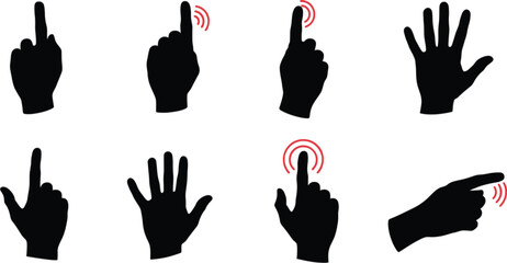 Vector art of set of hand gestures pointing and clicking, isolated on white background