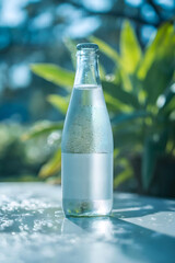 Close-Up of Frosted Glass Bottle with Sparkling Water and Bubbles on Light Surface with Greenery Background