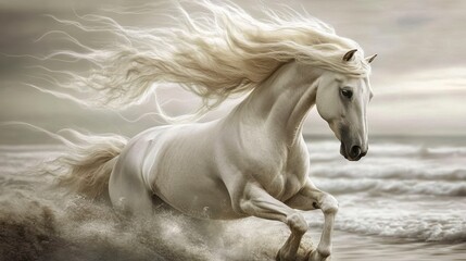 Obraz premium Majestic white stallion with flowing mane running on the beach, ocean waves splashing.