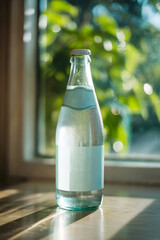 Close-Up of Frosted Glass Bottle with Sparkling Water and Bubbles on Light Surface with Greenery Background