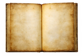 An open antique book with aged, blank parchment pages, isolated on a transparent background